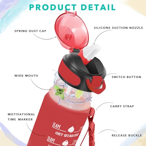 32 oz Drinking Water Bottle with Times to Drink and Straw