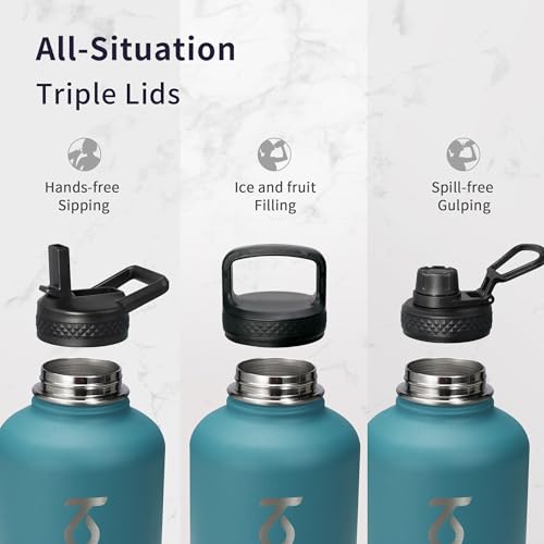 64 oz Water Bottle Stainless Steel with 3 Lids