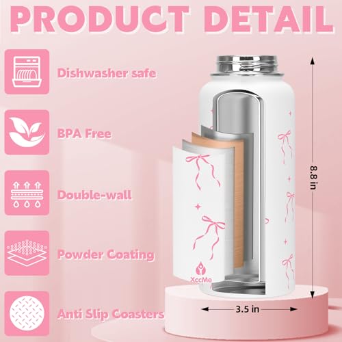 32oz Pink Bow Gift Insulated Water Bottle for Women with Straw