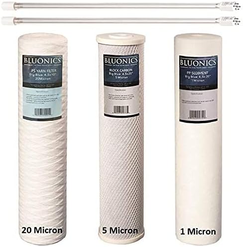 String-wound Sediment, CTO Carbon & Sediment + UV Bulb Replacement Filter Set for our Well Water System > 3pcs 4.5" x 20" Whole House Cartridges + Lamps