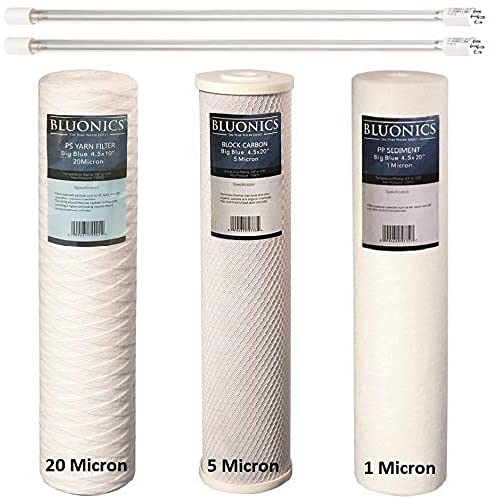 Bluonics 110W UV Ultraviolet Light Plus Sediment and Carbon Well Water Filter Purifier System with NPT 1" Ports, 24 GPM with 3 Filter Size 4.5" x 20" Filters