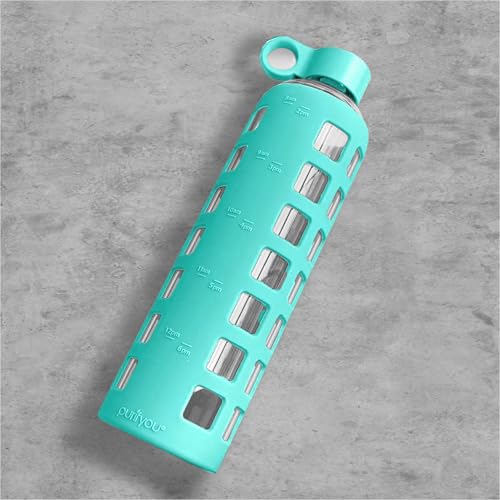 40oz / 32oz / 22oz / 12oz Borosilicate Glass Water Bottle with Time & Volume Markers, Silicone Sleeve, Stainless Steel Lid | Reusable Glass Bottle for Water & Juice (32oz Glow-in-the-Dark)