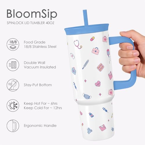 Nurse Stainless Steel Locking Lid Silicone Straw Tumbler with Handle 40oz