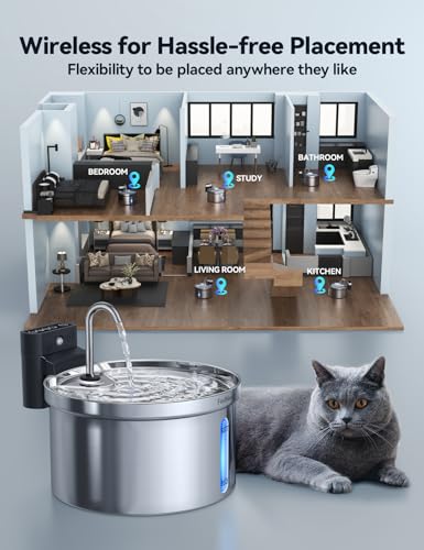 Wireless Cat Water Fountain [Water & Battery Separation] FEELNEEDY Stainless Steel Automatic Pet Water Dispenser