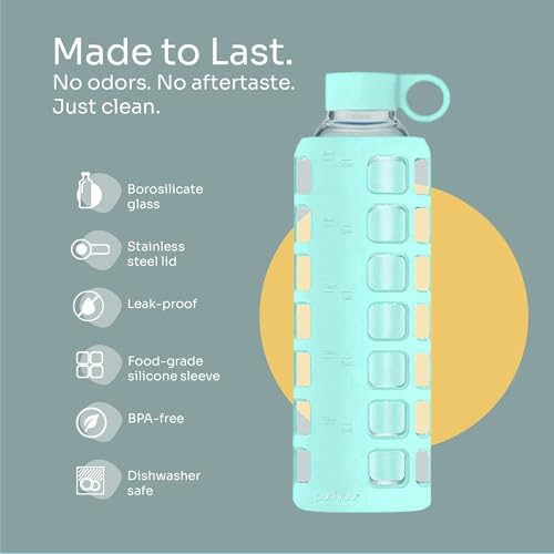 40oz / 32oz / 22oz / 12oz Borosilicate Glass Water Bottle with Time & Volume Markers, Silicone Sleeve, Stainless Steel Lid | Reusable Glass Bottle for Water & Juice (32oz Glow-in-the-Dark)