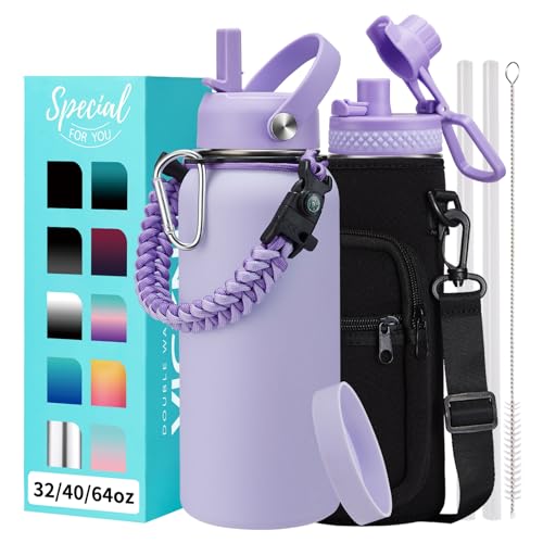 32/40/64 OZ Insulated Water Bottle - with Straw Spout Lid, 32 oz Water Bottles Sleeve, Paracord Handle, Protective Boot, Metal Thermo Stainless Steel Flask Cup for Work Sports Gym Travel (32 Count)
