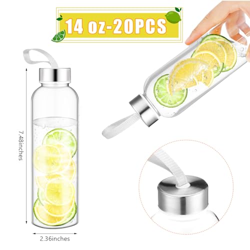 20 Pcs Reusable Clear Water Bottles Bulk with Stainless Steel Leak Proof Lids Sports Bottles with Nylon Camying Strap for Party Gift Water Milk Smoothie Juice Beverage