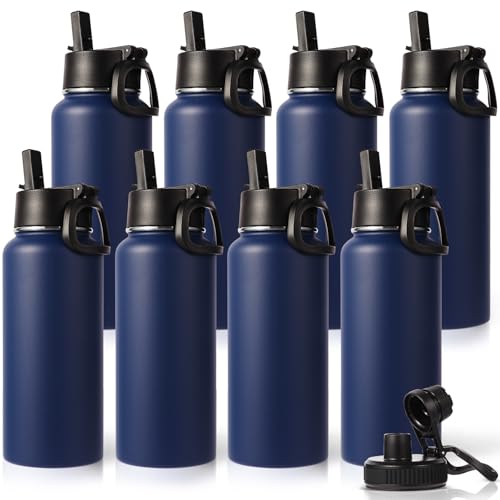 32 oz Insulated Water Bottles Bulk with 2 Lids (8 Count)