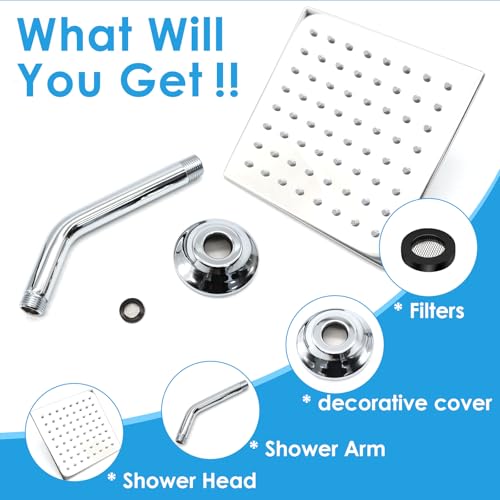 6 Inch Square Shower Head Stainless Steel High Pressure Rain Shower Heads with Extension Arm Adjustable Angle Replacement Luxury Shower Head for Modern Bathroom