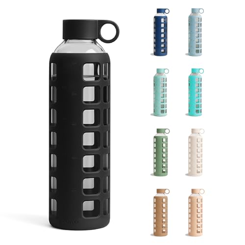 40oz / 32oz / 22oz / 12oz Borosilicate Glass Water Bottle with Time & Volume Markers, Silicone Sleeve, Stainless Steel Lid | Reusable Glass Bottle for Water & Juice (32oz Jet Black)