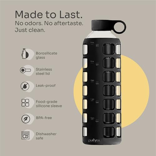 40oz / 32oz / 22oz / 12oz Borosilicate Glass Water Bottle with Time & Volume Markers, Silicone Sleeve, Stainless Steel Lid | Reusable Glass Bottle for Water & Juice (32oz Jet Black)