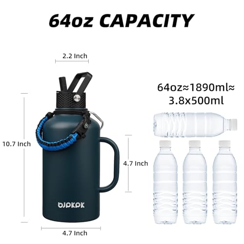 64oz Insulated Water Bottle with Straw Lid Large Stainless Steel Jug