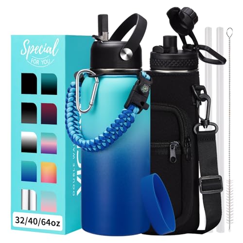 32oz/40oz/64oz Insulated Water Bottles - Vacuum Triple Walled Cold-48H Hot-24H, Water Bottle w/Straw & Chug Lid, Paracord Handle, Bottle Carrier, Stainless Steel Water Flask Mug for Sport Gym Yoga (32 Count)