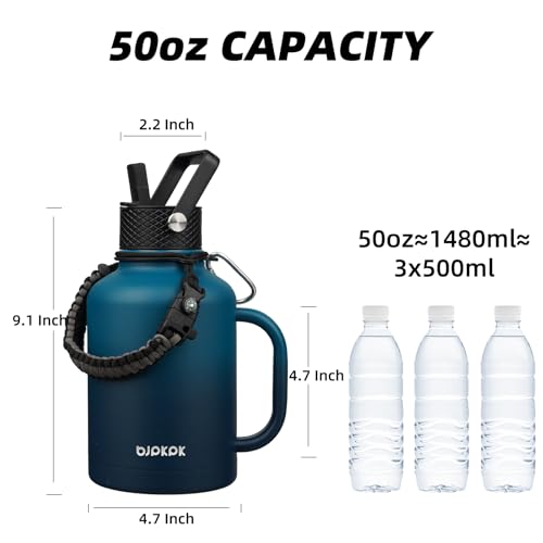 50oz Insulated Water Bottle with Straw Lid Stainless Steel Water Jug