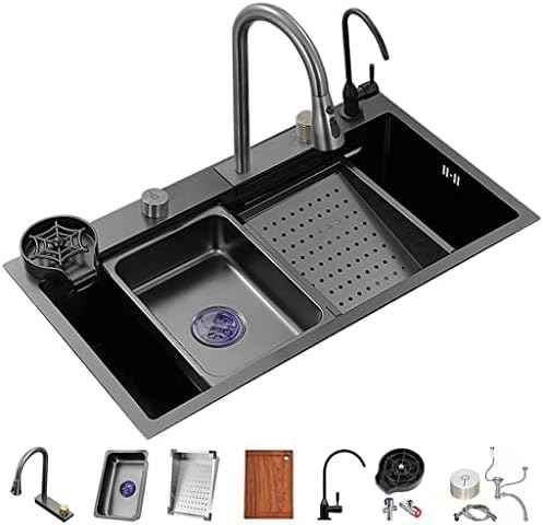 Waterfall Multi-Function Digital Display Sink，Waterfall Sink Waterfall Kitchen Sink Versatile Stainless Steel Single-Bowl Kitchen Workstation Sink Waterfall Pull-Down Faucet and Complete Acc