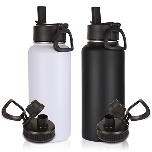 32 oz Insulated Water Bottles Bulk 2 Pack with Straw Lid & Spout Lid (2 Count)
