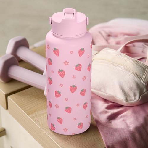 Strawberry Water Bottle 32oz Stainless Steel with Lid & Straw