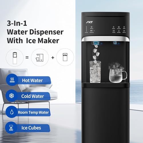 Self Cleaning Bottom Loading Hot and Cold Water Dispenser with Ice Maker Machine for 5 Gallon Bottle 22lbs Daily Capacity Ice Full Alert Black