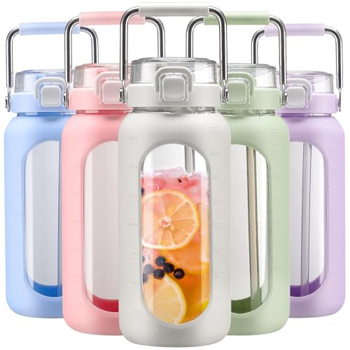 64oz Water Bottle Glass with Stainless Steel Handle Large Water Bottle with Time Markers and Silicone Sleeve Half Gallon Water Jug BPA Free for Gym Daily Use