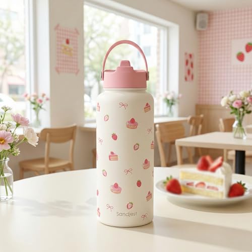 Strawberry Cakes Water Bottle Stainless Steel 32oz with Lid & Straw