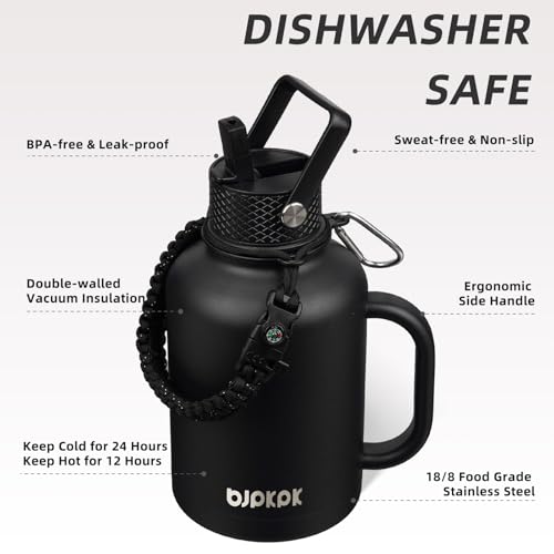 50oz Insulated Water Bottle with Straw Lid Stainless Steel Water Jug