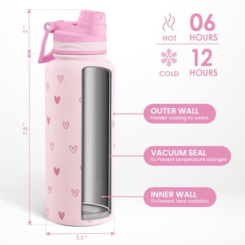 Pink Heart Stainless Steel Water Bottle with Strap 32oz