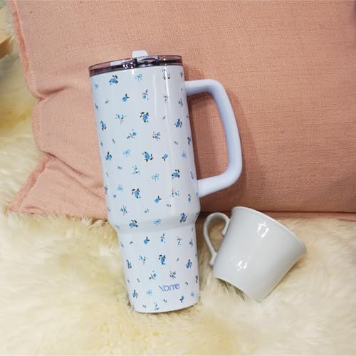 40oz Blue Floral Tumbler with Handle and Flip Straw