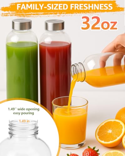 32 oz Large Glass Juice Bottles with Stainless Steel Lids Leak Proof (3 Count)
