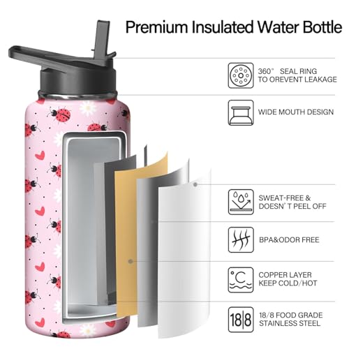 32oz Ladybug Water Bottle with Handle and Flip Straw
