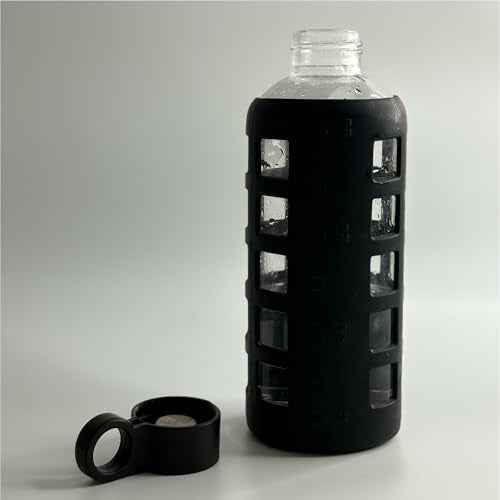 40oz / 32oz / 22oz / 12oz Borosilicate Glass Water Bottle with Time & Volume Markers, Silicone Sleeve, Stainless Steel Lid | Reusable Glass Bottle for Water & Juice (22oz Jet Black)