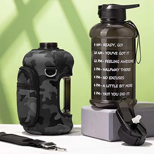 Half Gallon Water Bottle with Sleeve 64 OZ Water Bottle with Handle & Straw Leakproof Motivational Sports Gym Water Bottle with Time Marker BPA Free Water Jug with Neoprene Holder