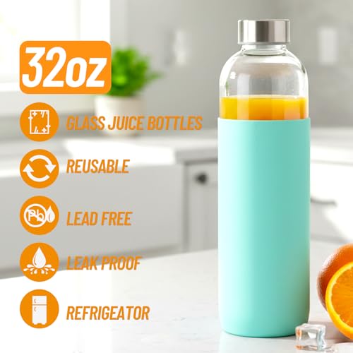 32 oz Glass Water Bottles with Lids and Silicone Sleeve 3 Pack