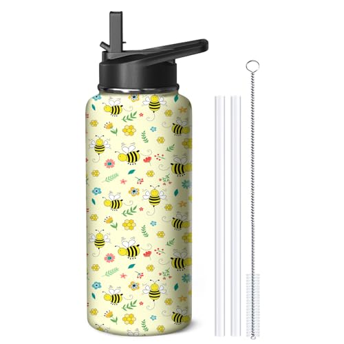 32oz Bee Water Bottle with Handle and Flip Straw