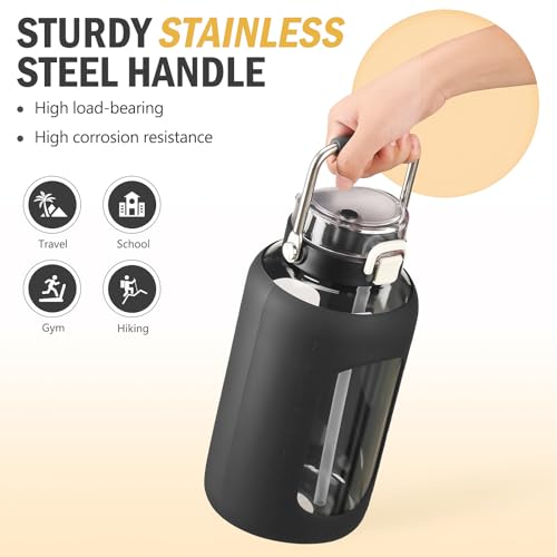 84oz Water Bottle Glass with Stainless Steel Handle Large 2.5l Water Bottle with Time Markers and Silicone Sleeve Half Gallon Water Jug BPA Free for Gym Daily Use