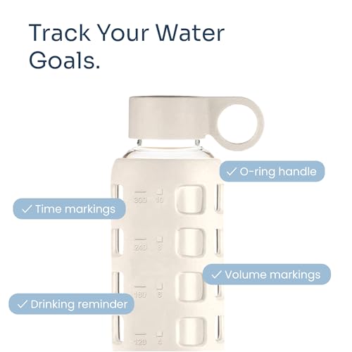 40oz / 32oz / 22oz / 12oz Borosilicate Glass Water Bottle with Time & Volume Markers, Silicone Sleeve, Stainless Steel Lid | Reusable Glass Bottle for Water & Juice (12oz Pearled Ivory)