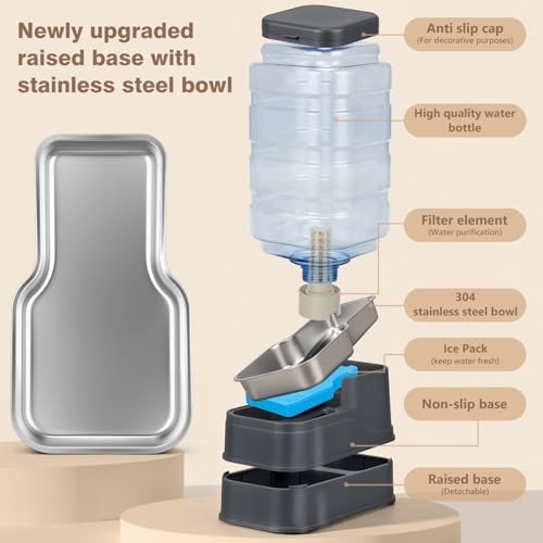 2.2 Gallon Pet Automatic Dog Water Dispenser Cat Gravity Waterer Feeder with Stainless Steel Bowl 8L Large Capacity Puppy Feeding Raised Bowls with Filter