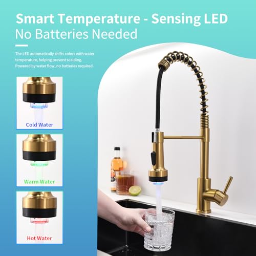 Led Gold Kitchen Faucet with Pull Down Sprayer