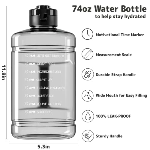 Large Water Bottle with Motivational Time Marker & Straw & Handle