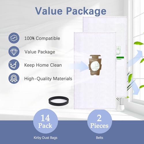 16 +2 Pack 204814 Micron Magic HEPA Filter Bags plus Belts Compatible with Kirby Part 205811 204814 204811 Universal Cloth Bags and All Kirby Sentria Vacuum G Series (18 Count)