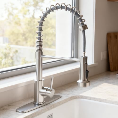 Kitchen Faucet with Pull Down Sprayer SUS304 Stainless Steel High Arc Brushed Nickel Pull Out Kitchen Sink Faucets Utility Laundry Farmhouse Camper Rv Modern for 1 or 3 Hole Sink