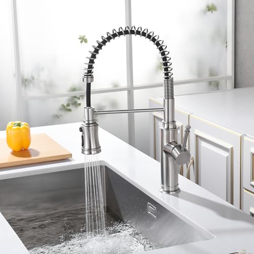 Pull Out Spring Sprayer Kitchen Sink Faucet with 360° Rotating Spout and Single Level Handle