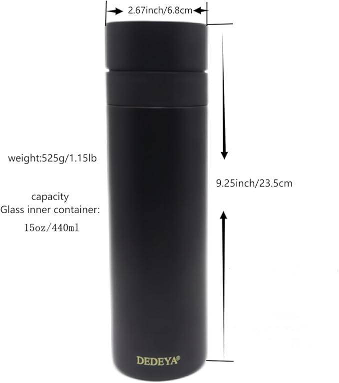 15oz Stainless Steel Vacuum Insulated Water Bottle with glass liner inside,glass lined thermos with Infuser for Hot and Cold drink -Leakproof Travel Mug with Filter (Black,with Tea infuser)