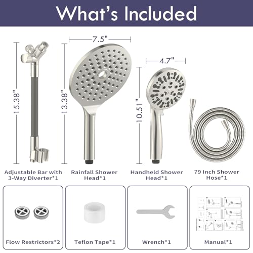 Brushed Nickel Dual Shower Heads with 9 Modes Handheld Spray Combo