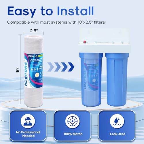 50 Micron 10" x 2.5" String Wound Sediment Water Filter Cartridge for Well filter Universal Replacement for Any 10 inch RO Unit (6 Count)