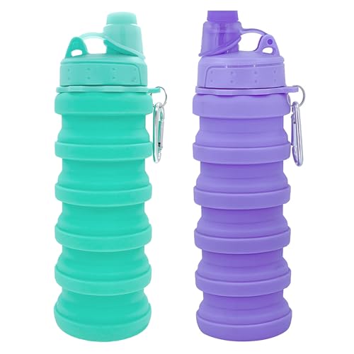 Collapsible Water Bottles Two Pack Travel Sports Portable Sport Water Bottle comes with mountaineering Buckle 506ml silicone Water (2 Count)