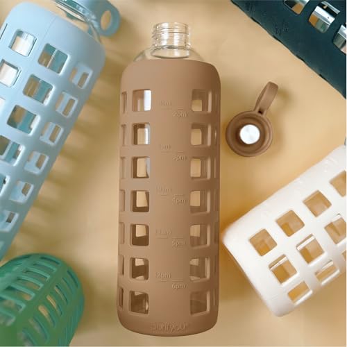 40oz / 32oz / 22oz / 12oz Borosilicate Glass Water Bottle with Time & Volume Markers, Silicone Sleeve, Stainless Steel Lid | Reusable Glass Bottle for Water & Juice (32oz Iced Coffee)