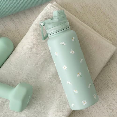 Mint Daisy Stainless Steel Water Bottle with Strap 32oz