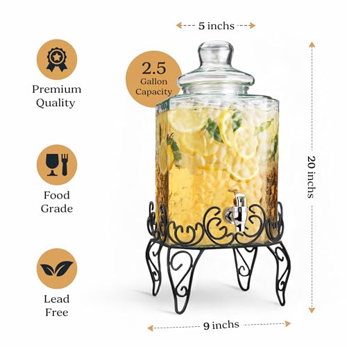 2.5 Gallon Classic Hammered Glass Beverage Dispenser with Elegant Stand