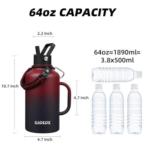 64oz Insulated Water Bottle with Straw Lid Large Stainless Steel Jug