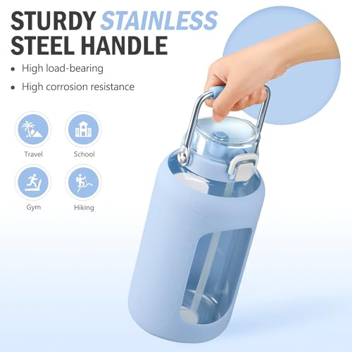 84oz Water Bottle Glass with Stainless Steel Handle Large 2.5l Water Bottle with Time Markers and Silicone Sleeve Half Gallon Water Jug BPA Free for Gym Daily Use